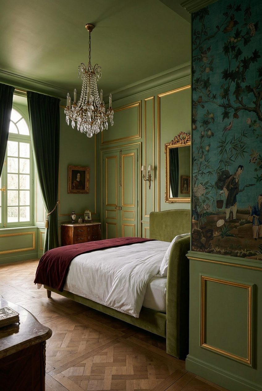 Chambre verte avec lustre