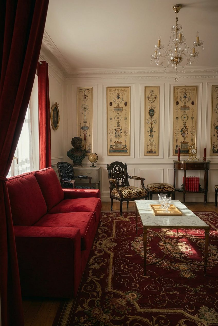 Salon rouge avec panneaux décoratifs